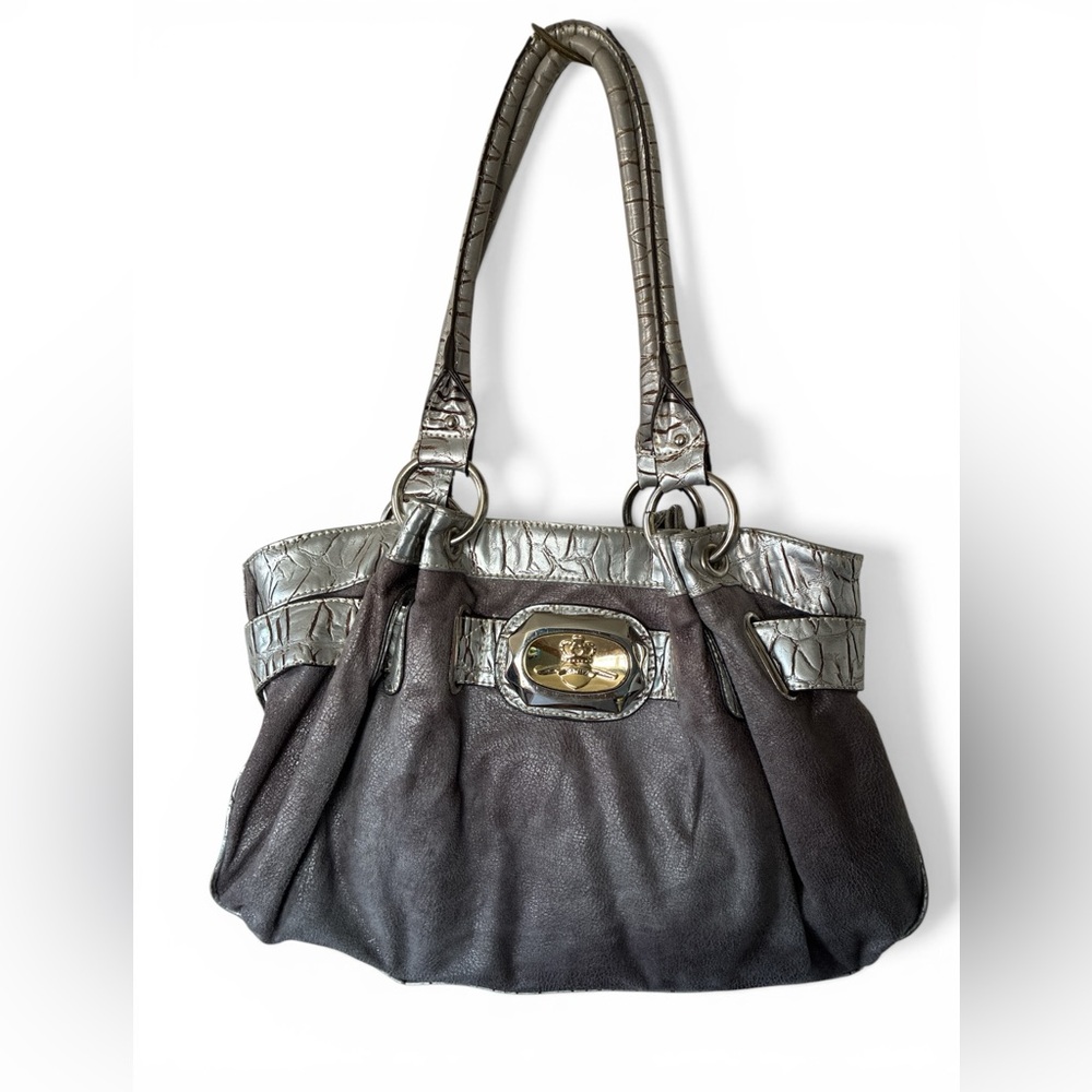 Kathy Van Zeeland Y2K Shoulder Hobo Bag Pewter Suede Like Feel Crown Rhinestone